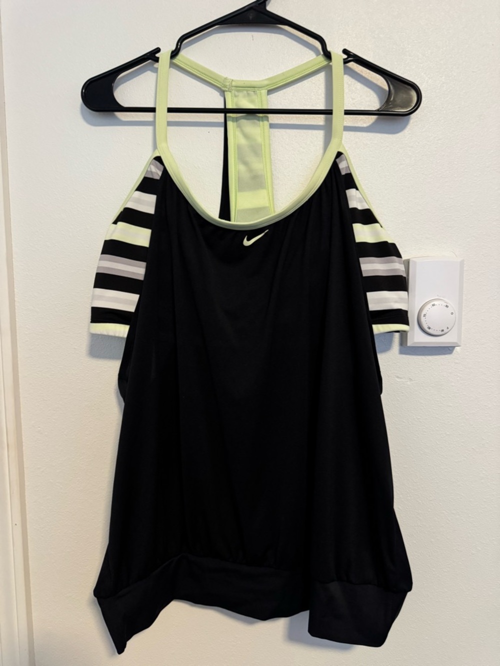 Nike Women's Black Tank with Neon Yellow Accents and Striped Sleeves
